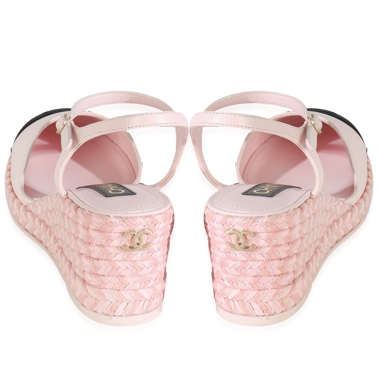 Chanel 23S Pink Black Lambskin Grosgrain CC Espadrilles Wedges 40