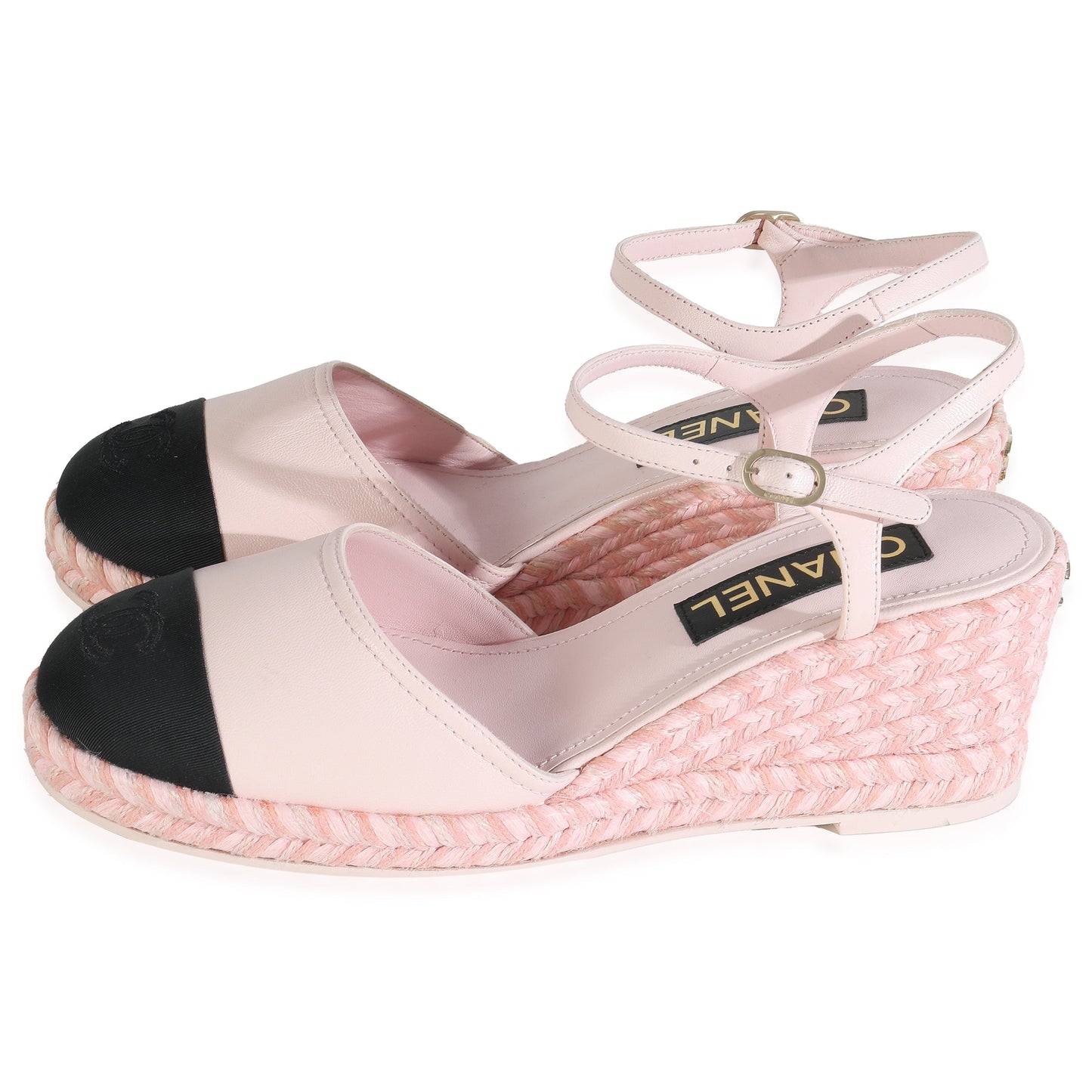 Chanel 23S Pink Black Lambskin Grosgrain CC Espadrilles Wedges 40