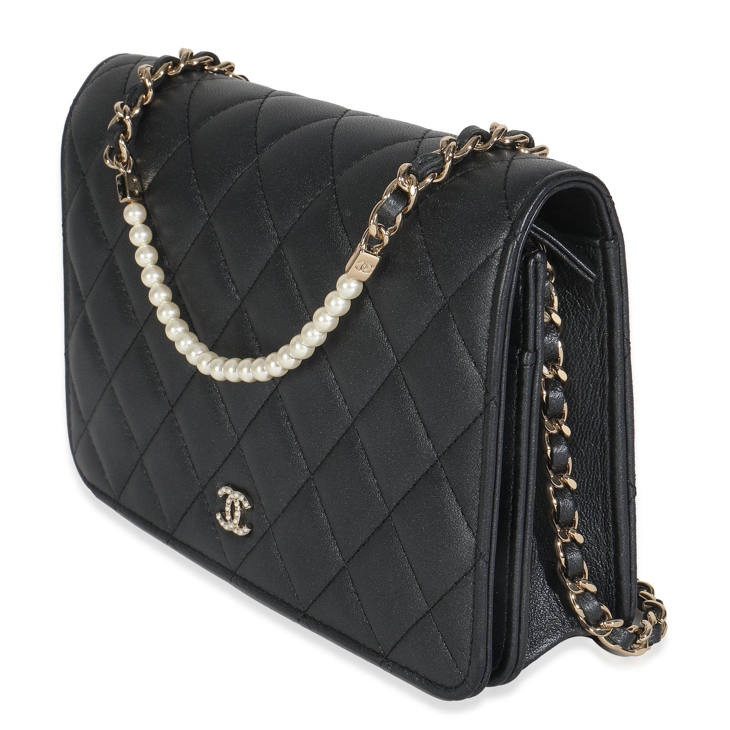 Chanel Dark Grey Iridescent Quilted Lambskin Pearl Wallet On Chain