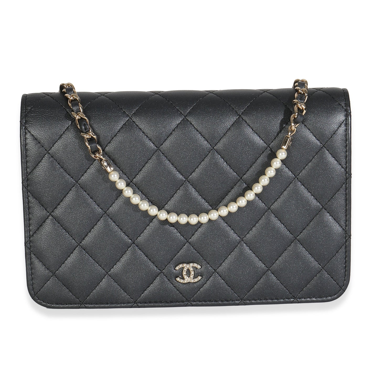 Chanel Dark Grey Iridescent Quilted Lambskin Pearl Wallet On Chain