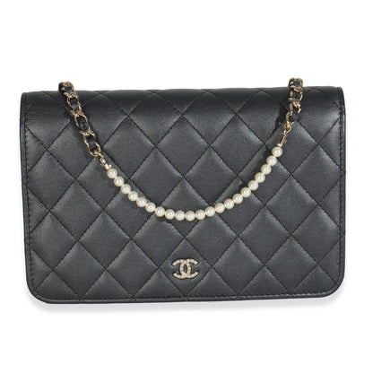 Chanel Dark Grey Iridescent Quilted Lambskin Pearl Wallet On Chain