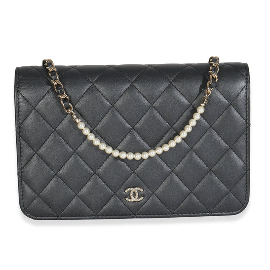 Chanel Dark Grey Iridescent Quilted Lambskin Pearl Wallet On Chain
