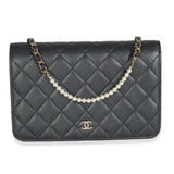 Chanel Dark Grey Iridescent Quilted Lambskin Pearl Wallet On Chain