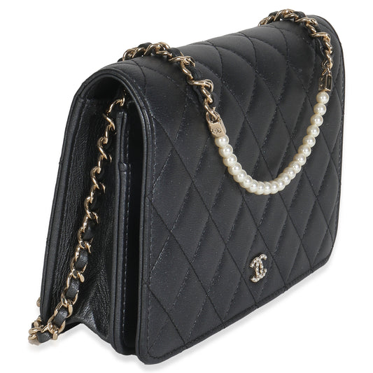 Chanel Dark Grey Iridescent Quilted Lambskin Pearl Wallet On Chain