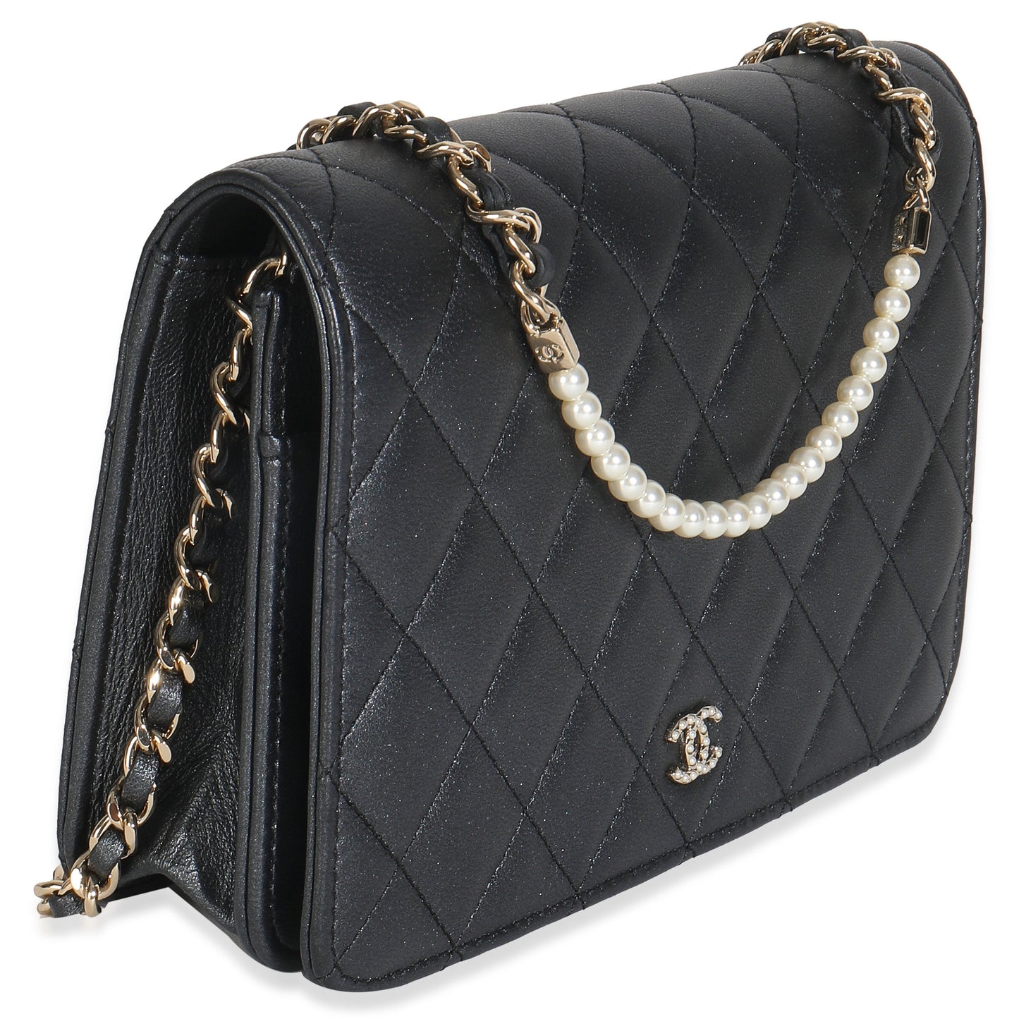Chanel Dark Grey Iridescent Quilted Lambskin Pearl Wallet On Chain