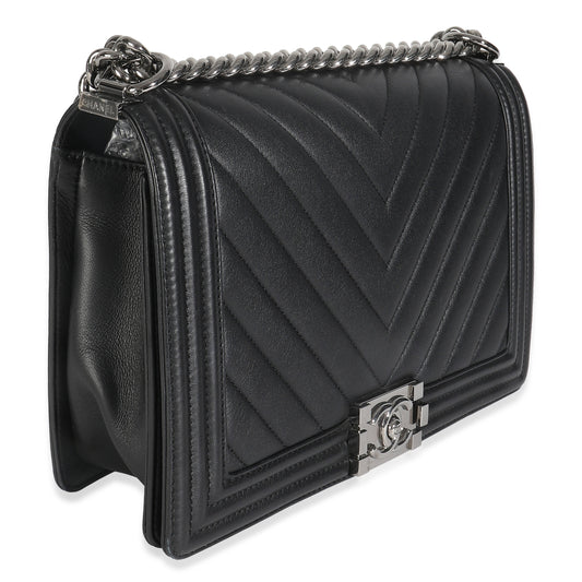 Chanel Black Calfskin Quilted Chevron New Medium Boy Bag