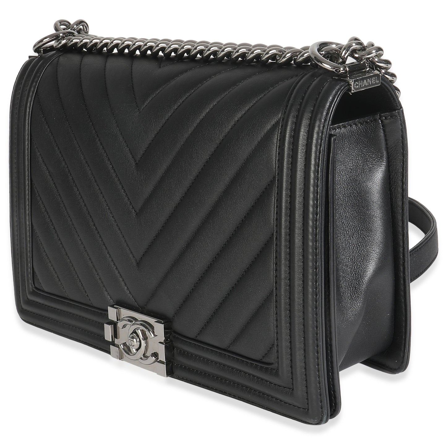 Chanel Black Calfskin Quilted Chevron New Medium Boy Bag