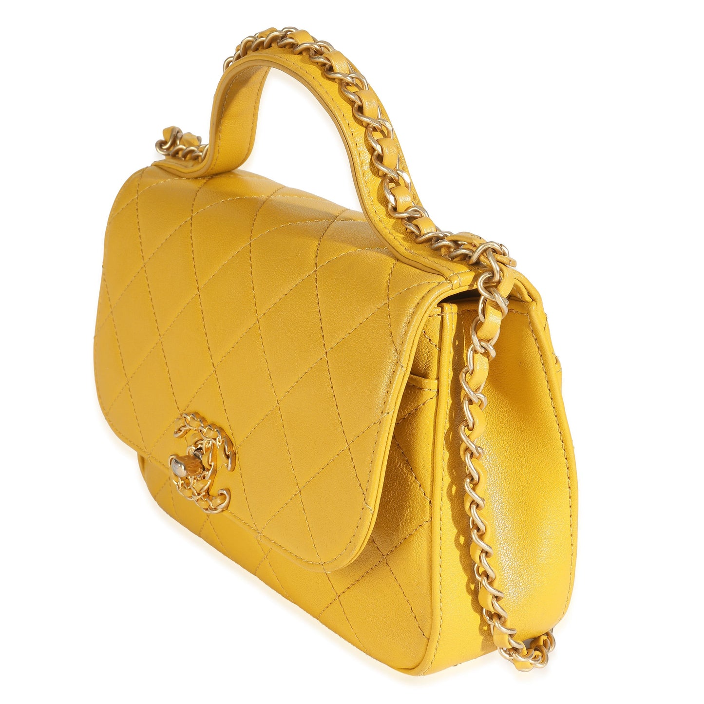 Chanel Yellow Quilted Lambskin Small Chain Infinity Top Handle Flap