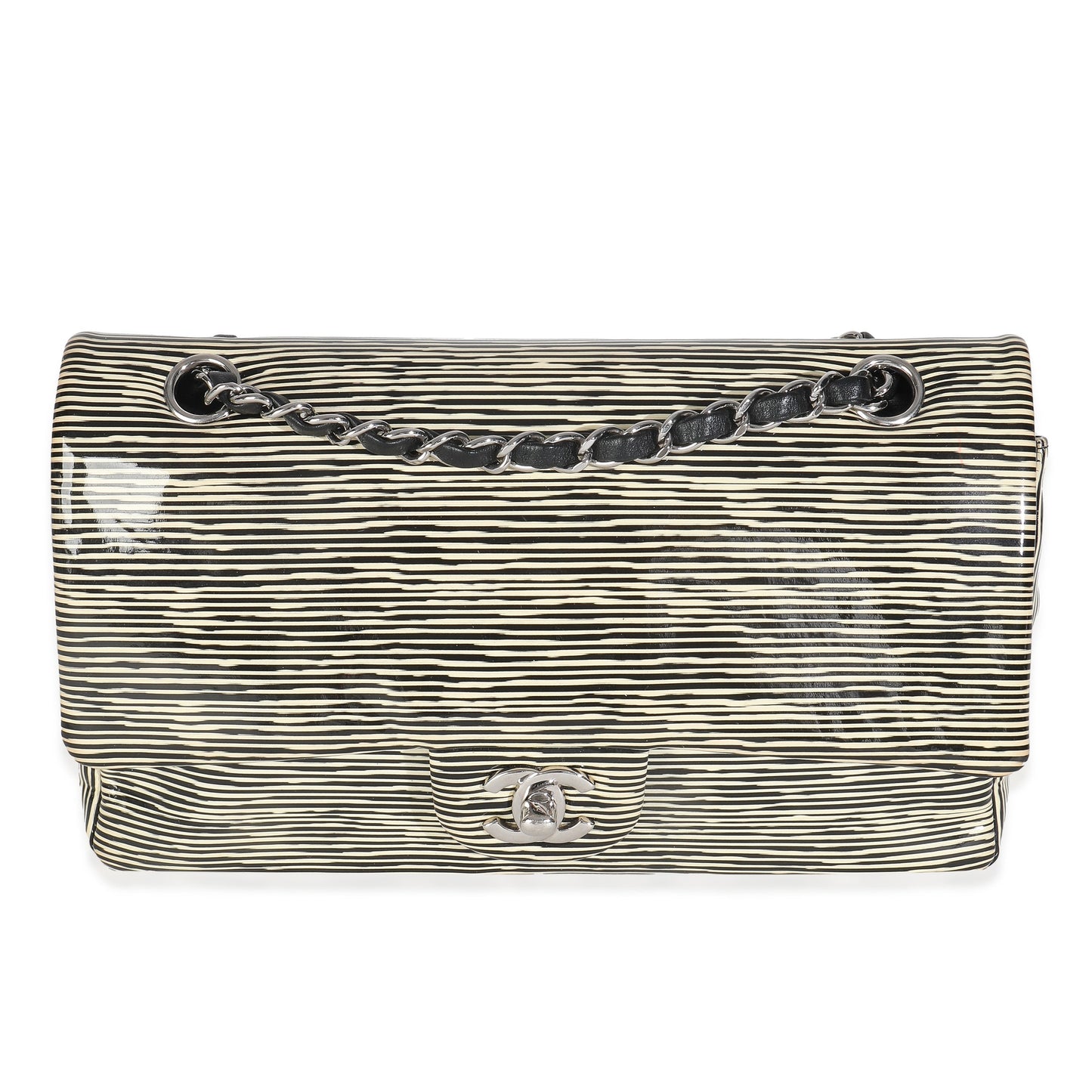Chanel Black White Striped Patent Medium Classic Double Flap Bag