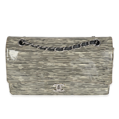 Chanel Black White Striped Patent Medium Classic Double Flap Bag