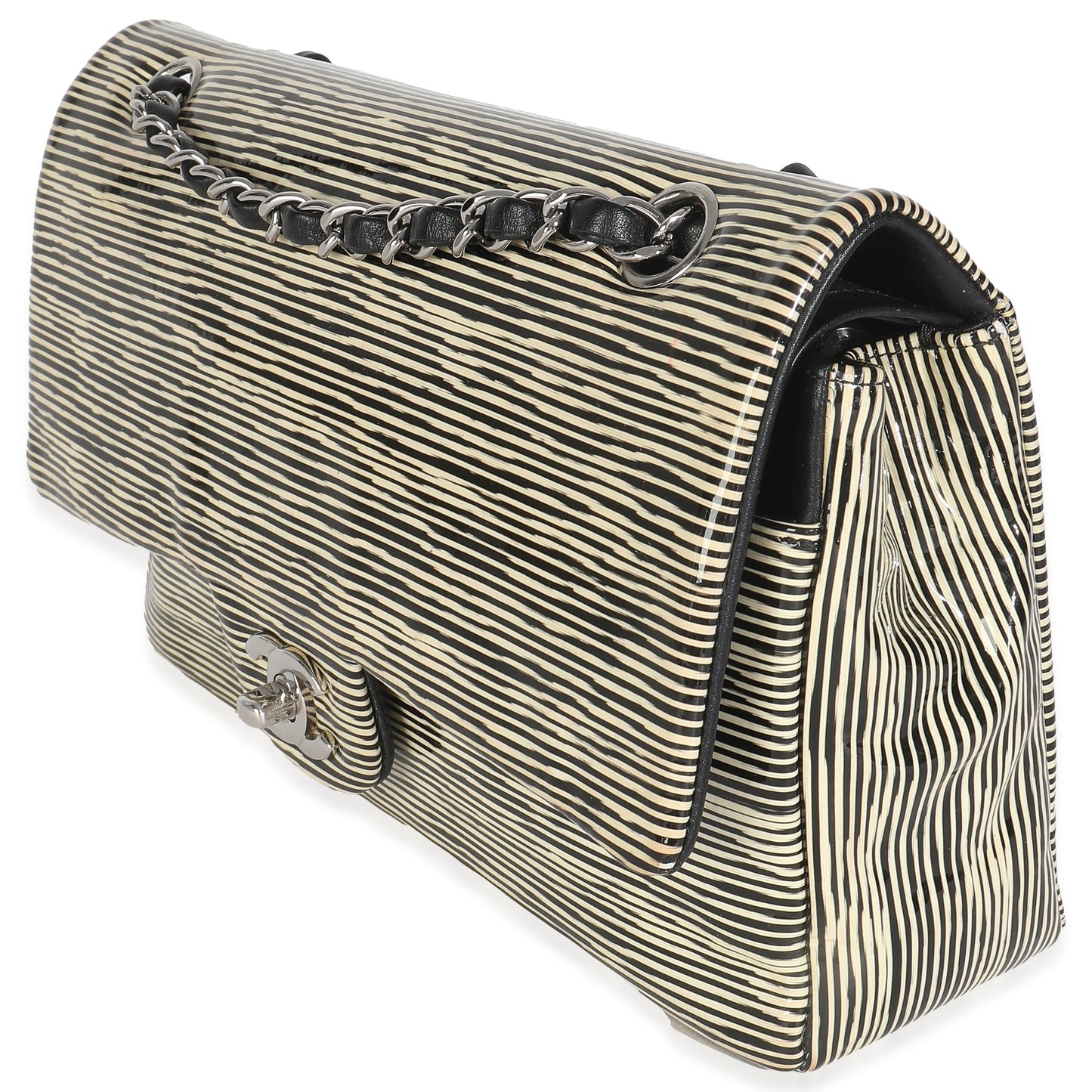 Chanel Black White Striped Patent Medium Classic Double Flap Bag