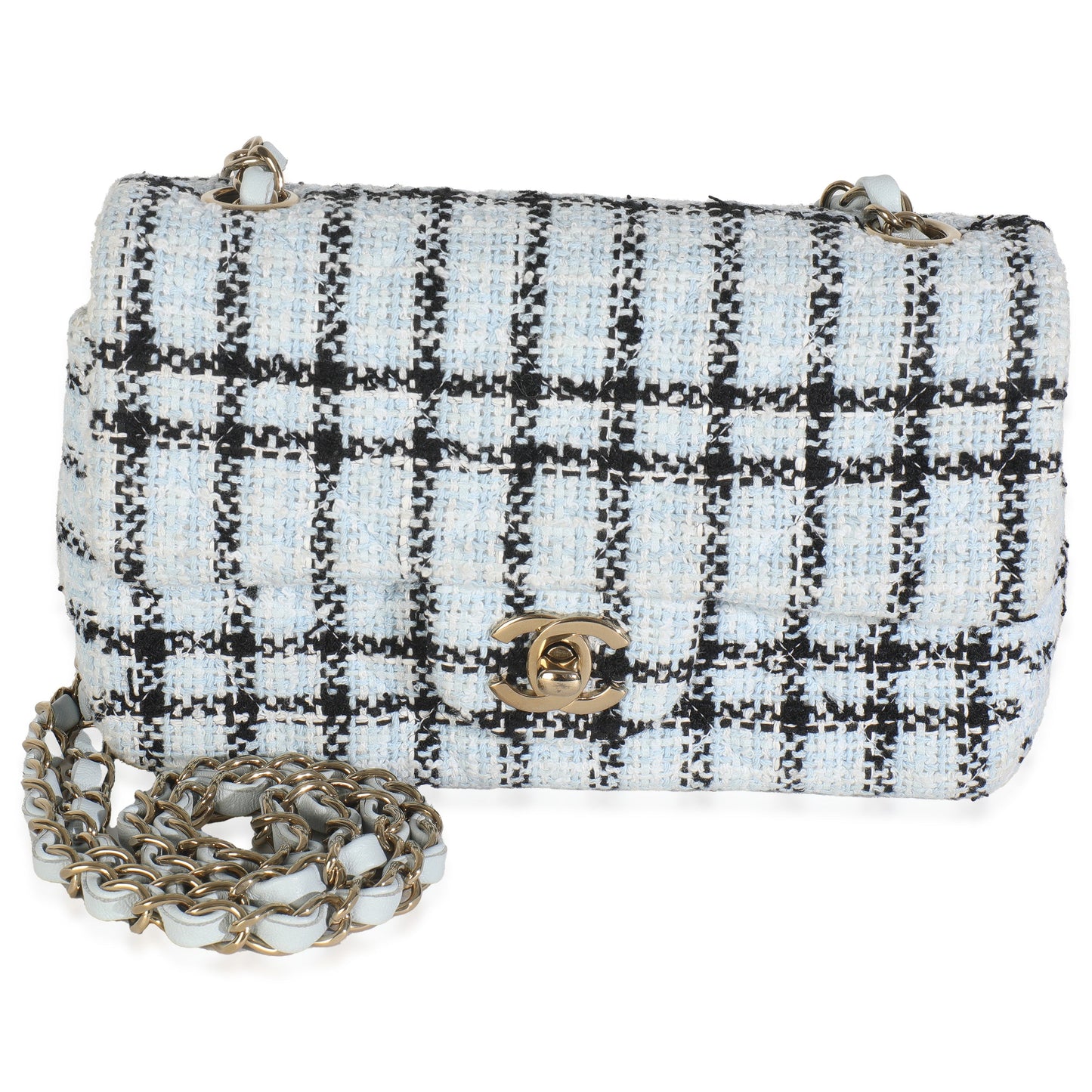 Chanel Blue White Tweed Quilted Mini Rectangular Flap Bag