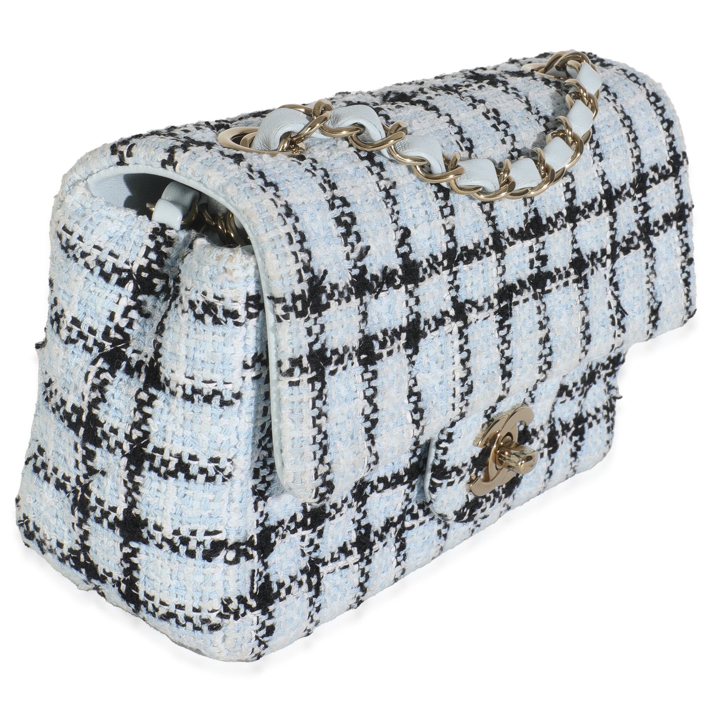 Chanel Blue White Tweed Quilted Mini Rectangular Flap Bag