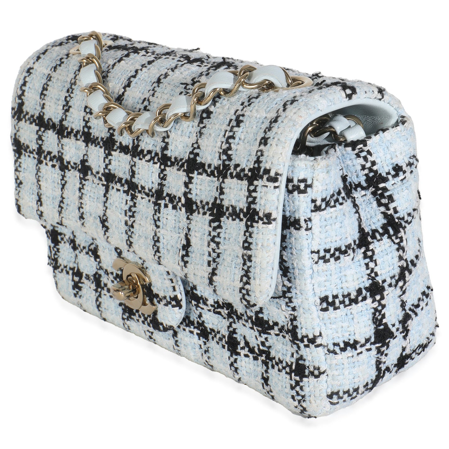 Chanel Blue White Tweed Quilted Mini Rectangular Flap Bag