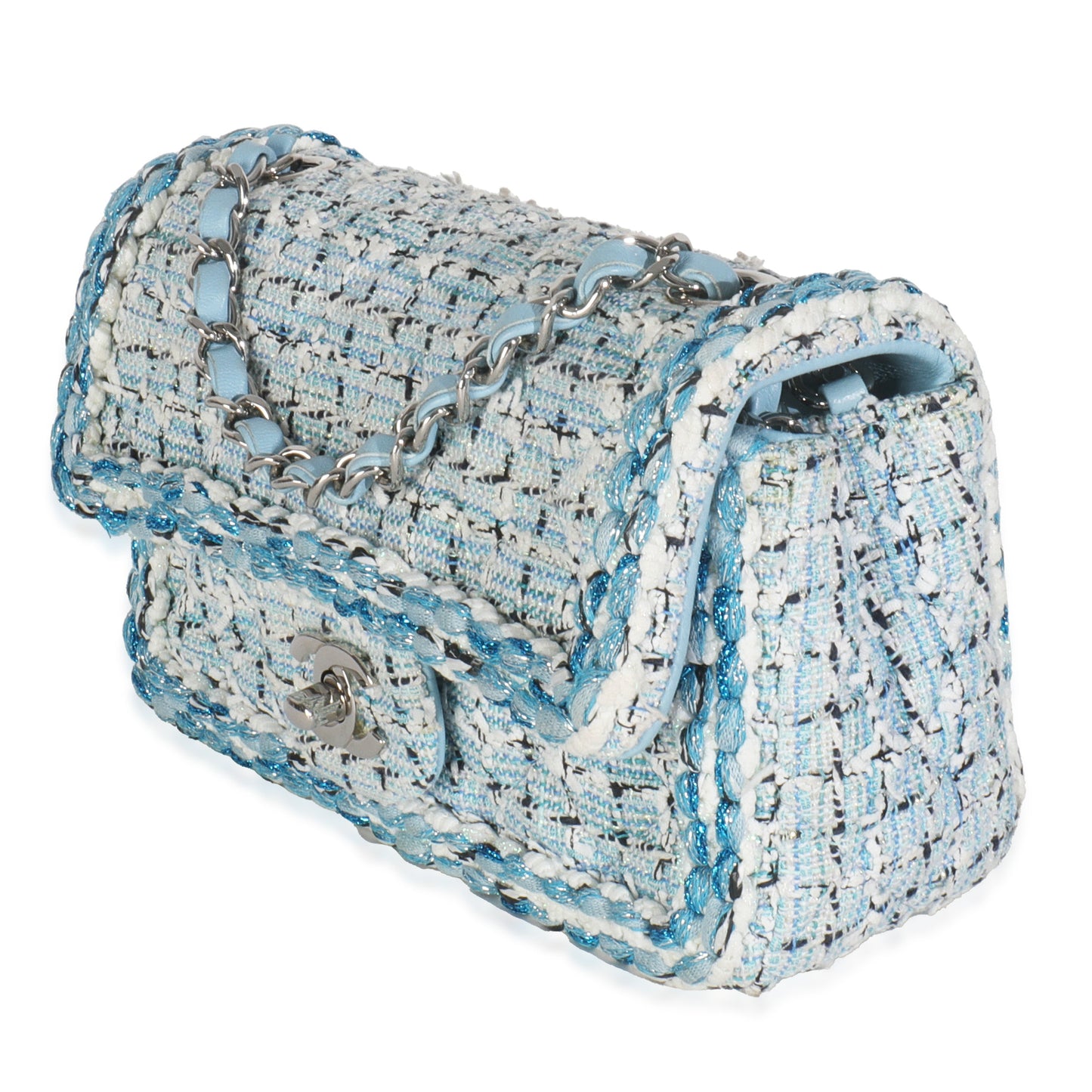 Chanel Blue White Quilted Metallic Tweed Braided Mini Rectangular Flap Bag