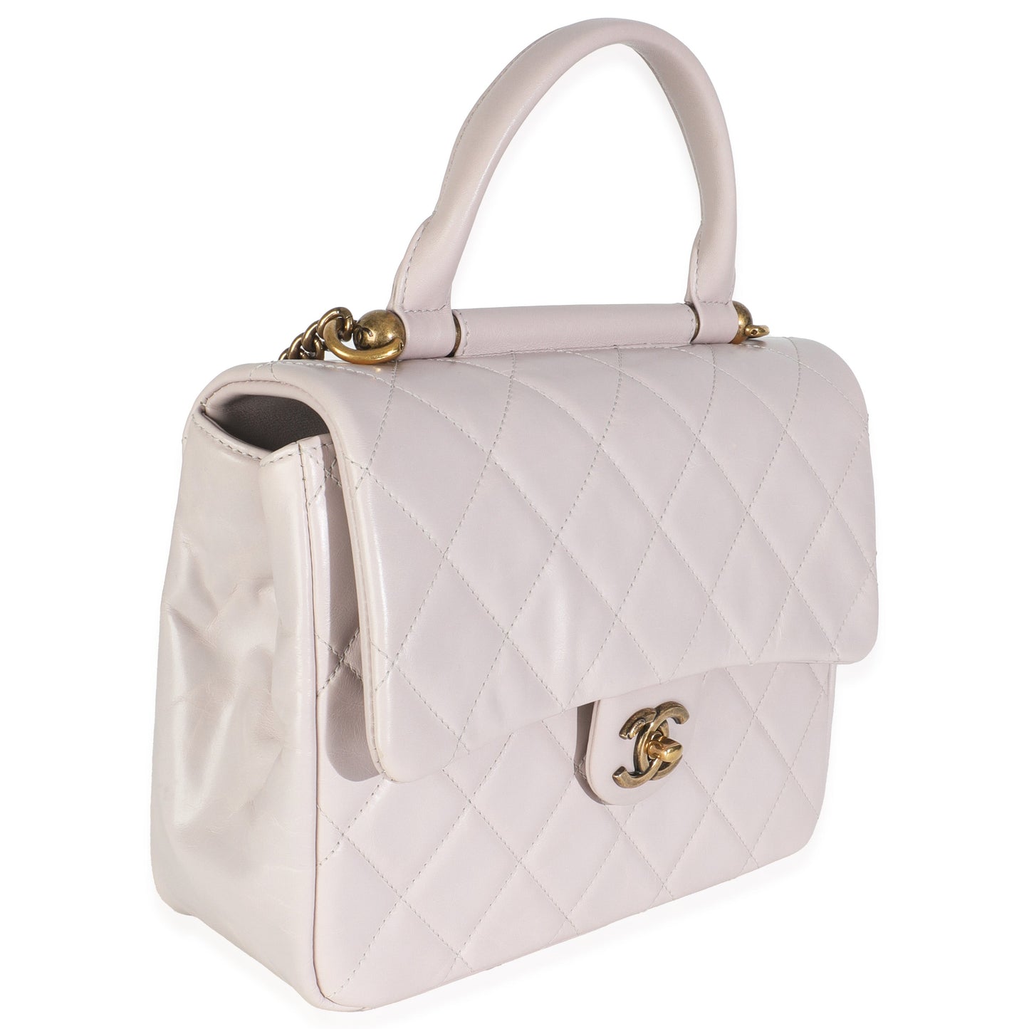 Chanel Light Pink Quilted Glazed Calfskin Medium Gold Bar Top Handle Flap Bag