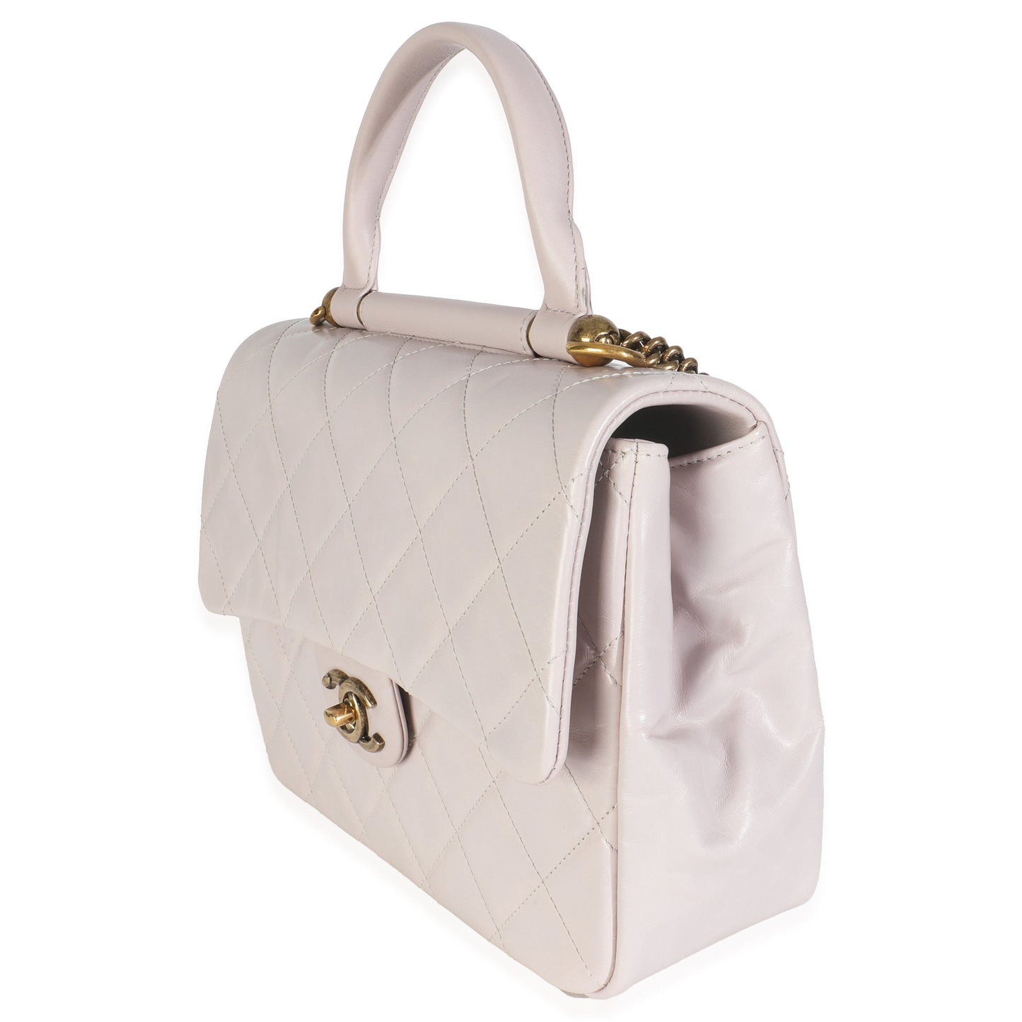 Chanel Light Pink Quilted Glazed Calfskin Medium Gold Bar Top Handle Flap Bag