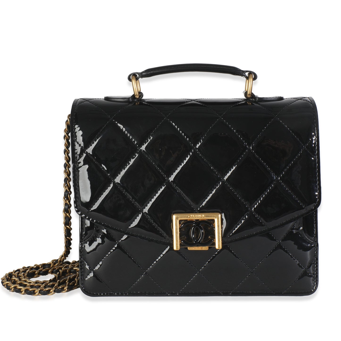 Chanel 23A Black Quilted Patent Accordion Pushlock Top Handle Flap Bag