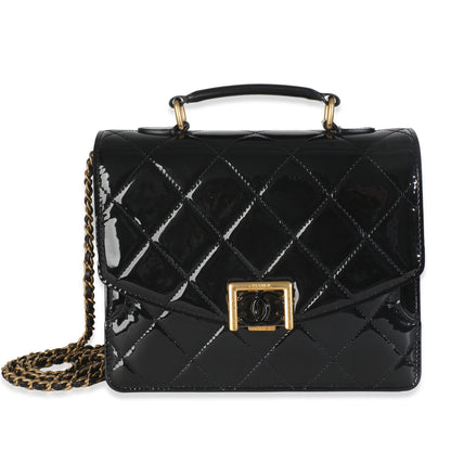 Chanel 23A Black Quilted Patent Accordion Pushlock Top Handle Flap Bag