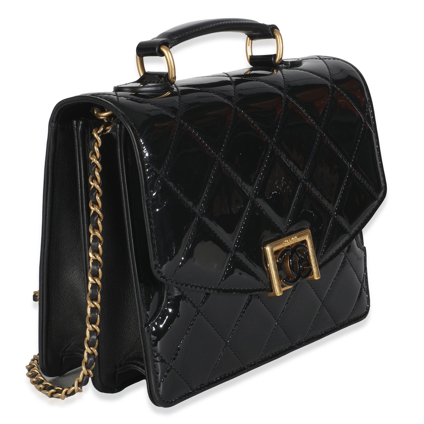 Chanel 23A Black Quilted Patent Accordion Pushlock Top Handle Flap Bag