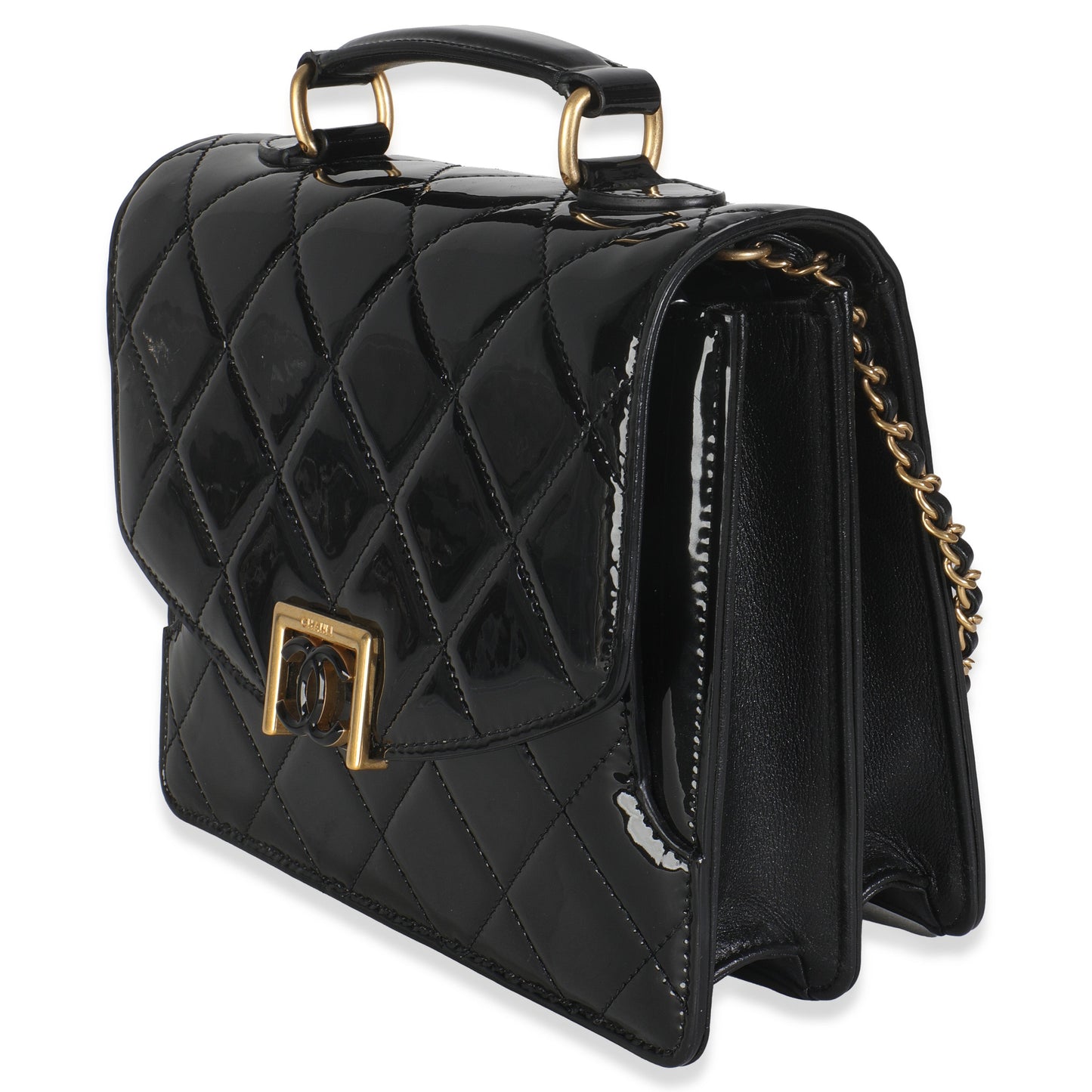 Chanel 23A Black Quilted Patent Accordion Pushlock Top Handle Flap Bag