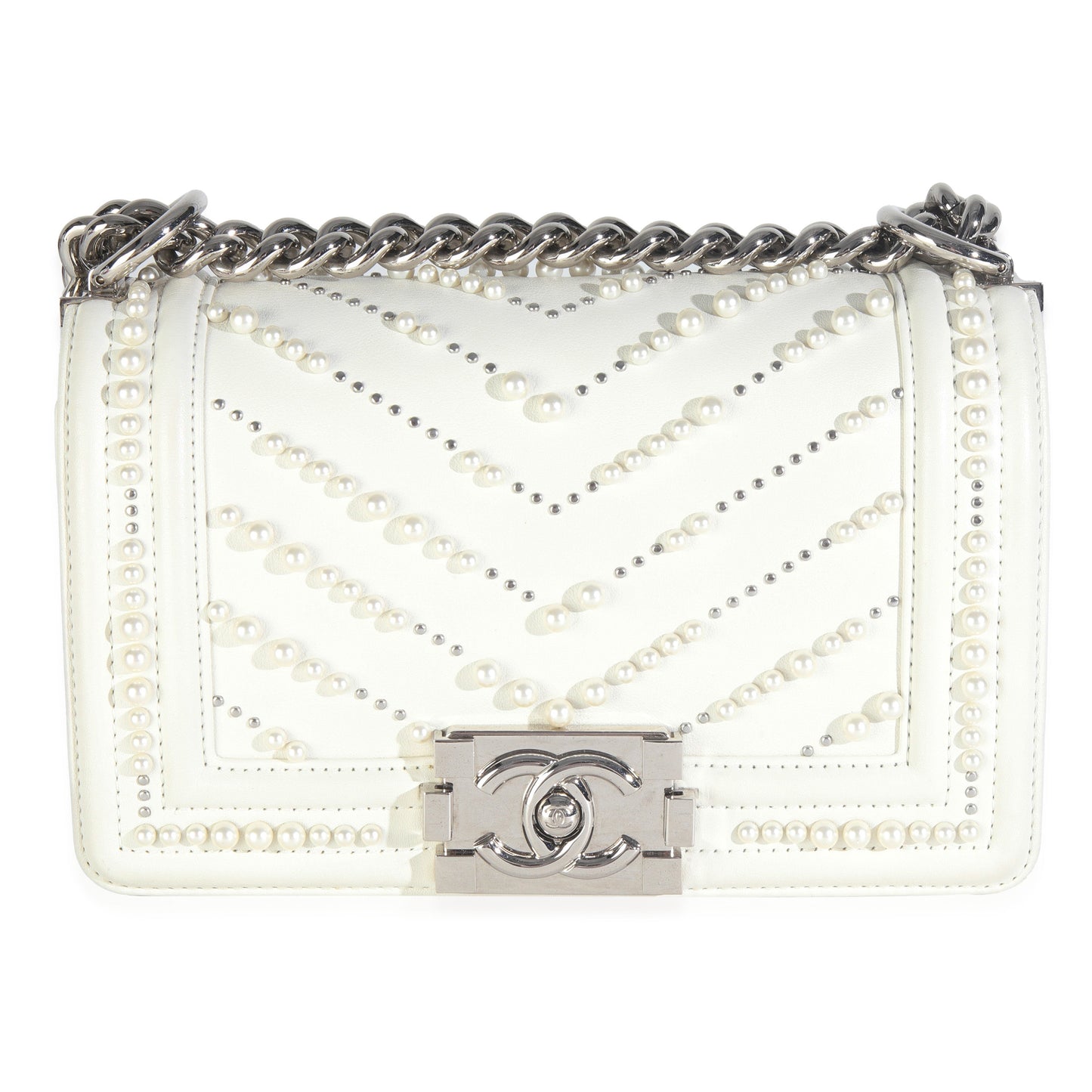 Chanel White Calfskin Pearl Chevron Small Boy Bag