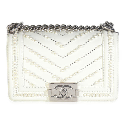 Chanel White Calfskin Pearl Chevron Small Boy Bag