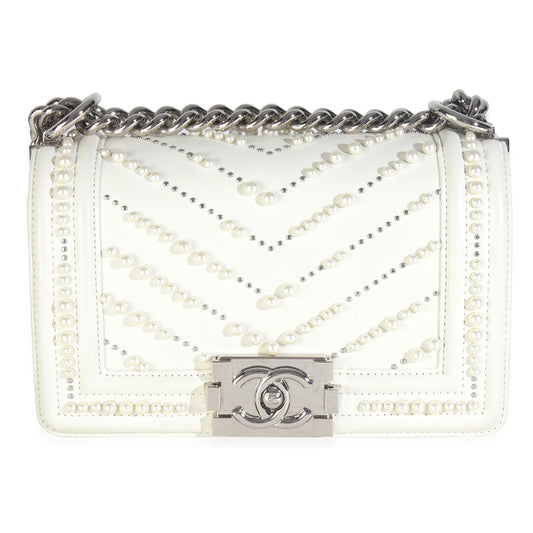 Chanel White Calfskin Pearl Chevron Small Boy Bag