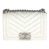 Chanel White Calfskin Pearl Chevron Small Boy Bag