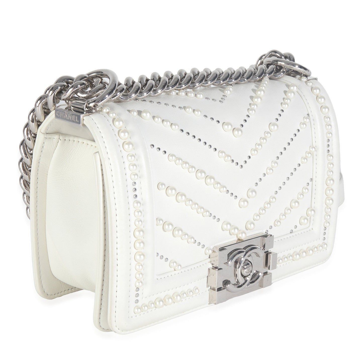 Chanel White Calfskin Pearl Chevron Small Boy Bag