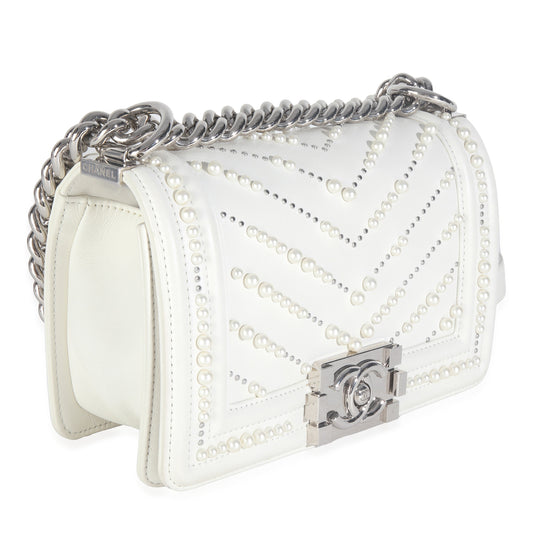 Chanel White Calfskin Pearl Chevron Small Boy Bag