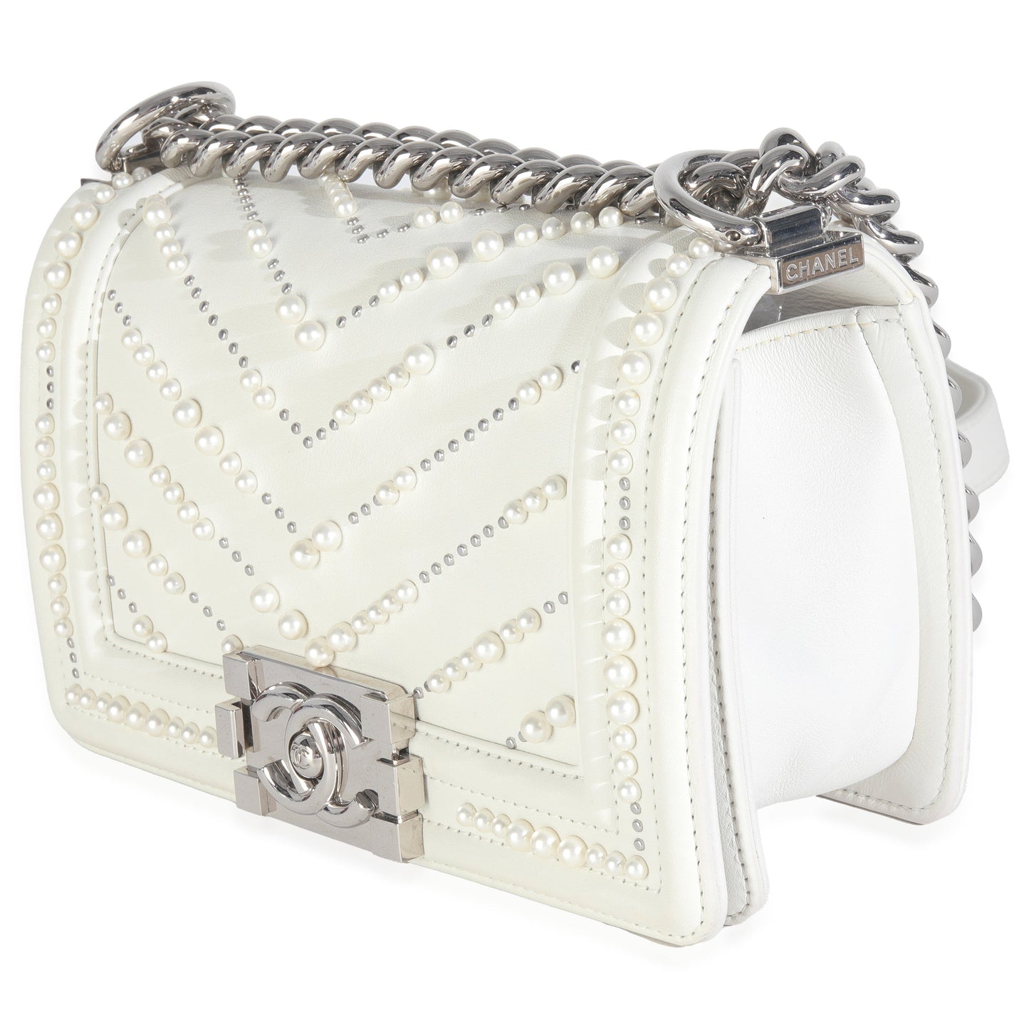 Chanel White Calfskin Pearl Chevron Small Boy Bag