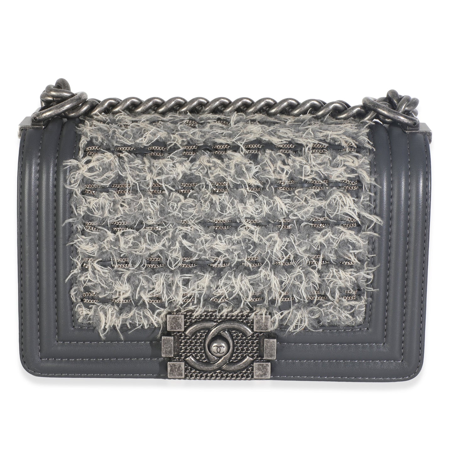 Chanel Grey Tweed Black Calfskin Small Boy Bag