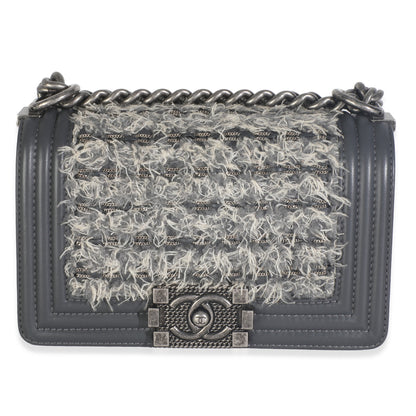 Chanel Grey Tweed Black Calfskin Small Boy Bag