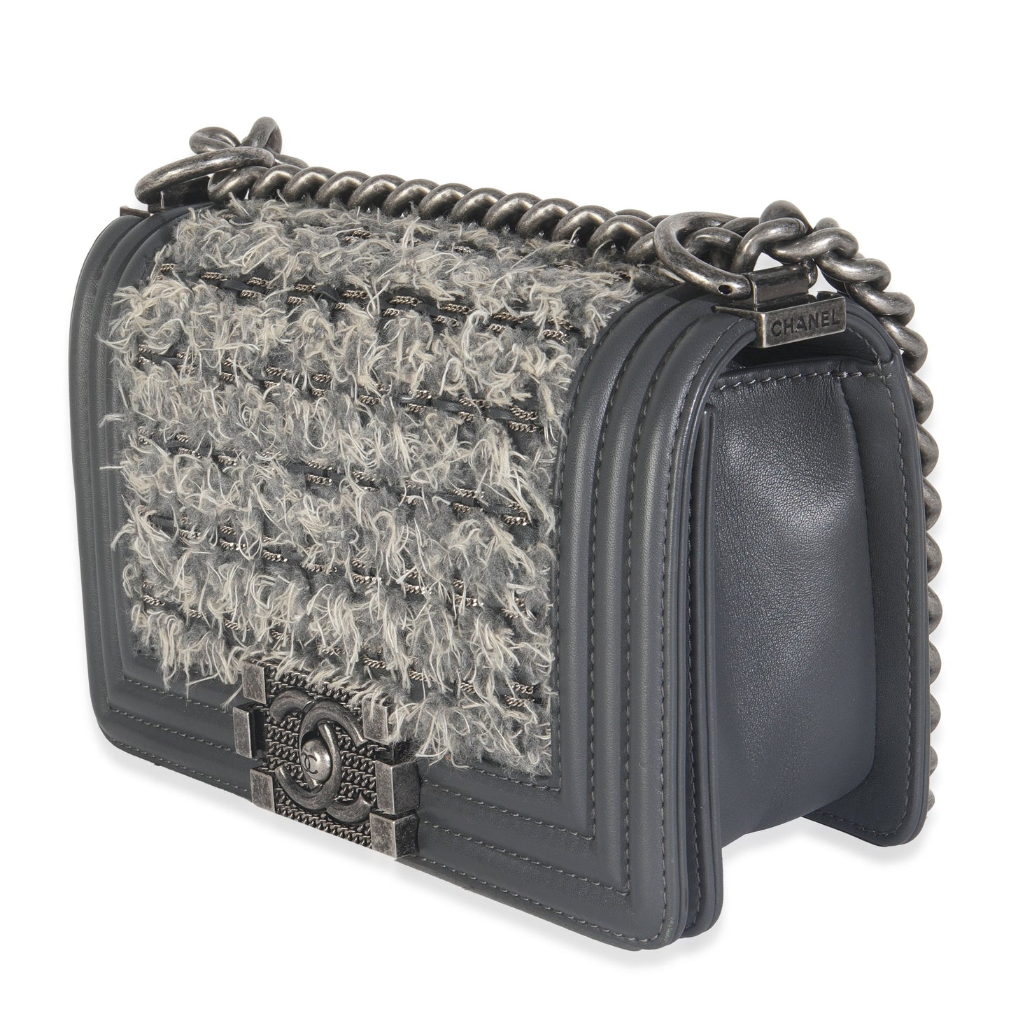 Chanel Grey Tweed Black Calfskin Small Boy Bag
