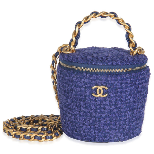 Chanel Blue Quilted Tweed Afternoon Tea Top Handle Vanity Case With Chain