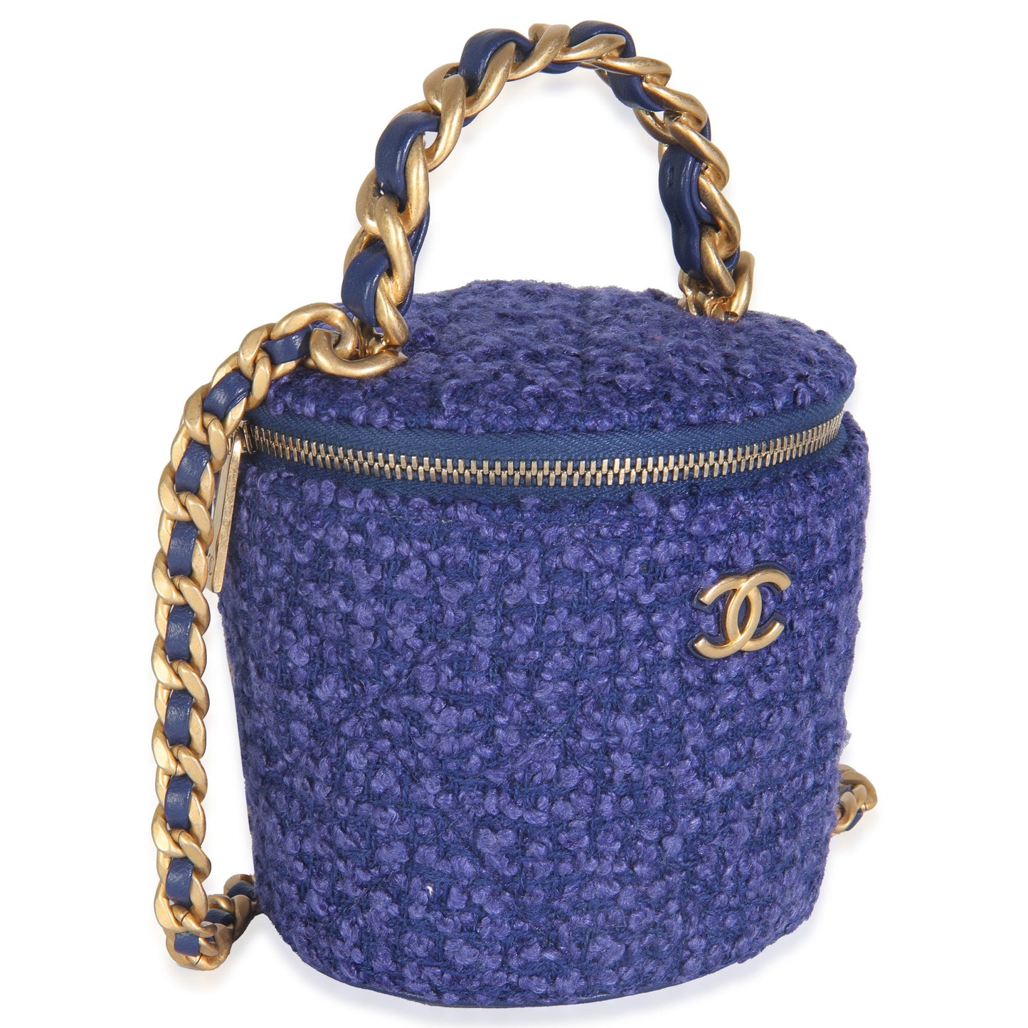 Chanel Blue Quilted Tweed Afternoon Tea Top Handle Vanity Case With Chain
