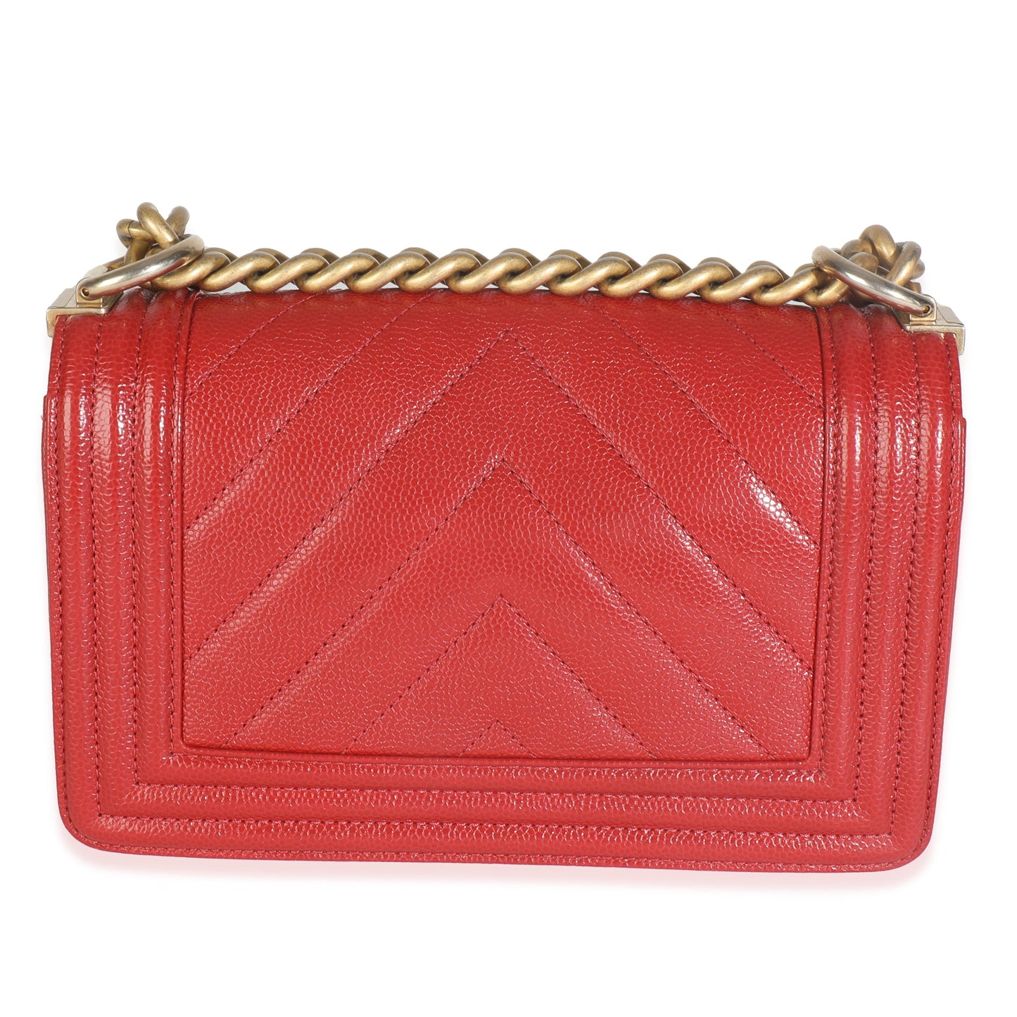 Chanel Red Quilted Caviar Chevron Small Boy Handbag
