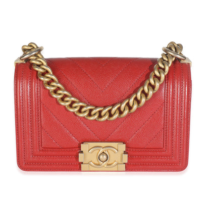 Chanel Red Quilted Caviar Chevron Small Boy Handbag