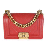 Chanel Red Quilted Caviar Chevron Small Boy Handbag