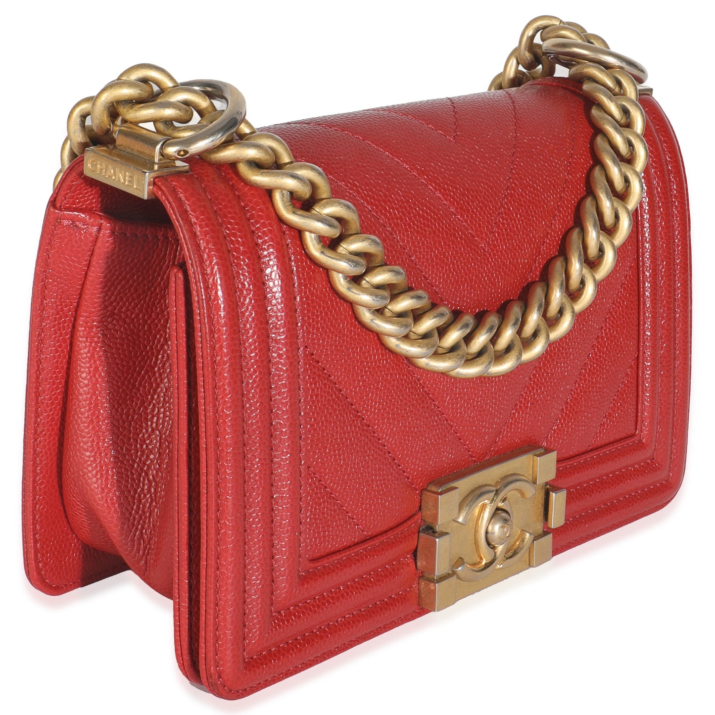 Chanel Red Quilted Caviar Chevron Small Boy Handbag