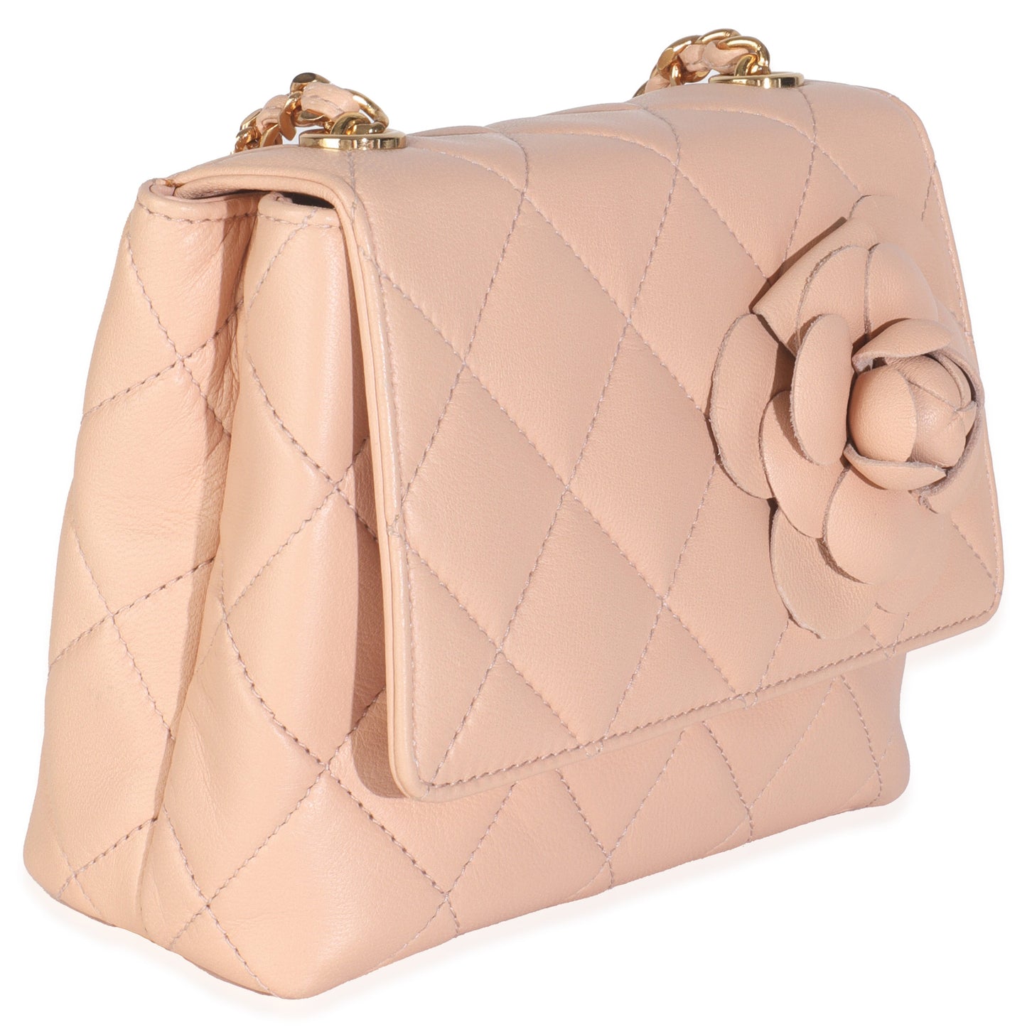 Chanel  Beige Quilted Lambskin Mini Camellia Flap Bag