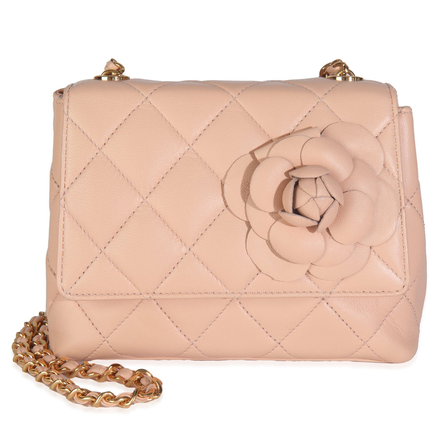Chanel  Beige Quilted Lambskin Mini Camellia Flap Bag