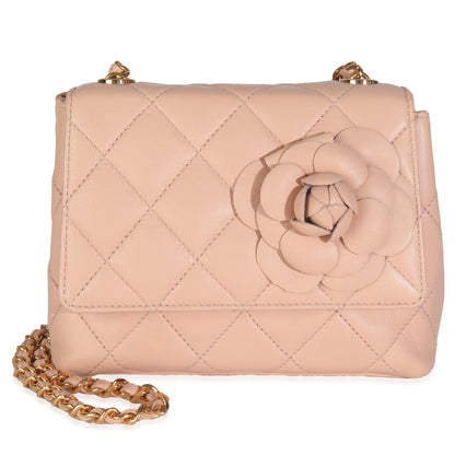 Chanel  Beige Quilted Lambskin Mini Camellia Flap Bag