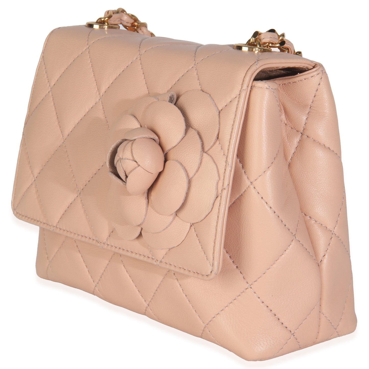 Chanel  Beige Quilted Lambskin Mini Camellia Flap Bag