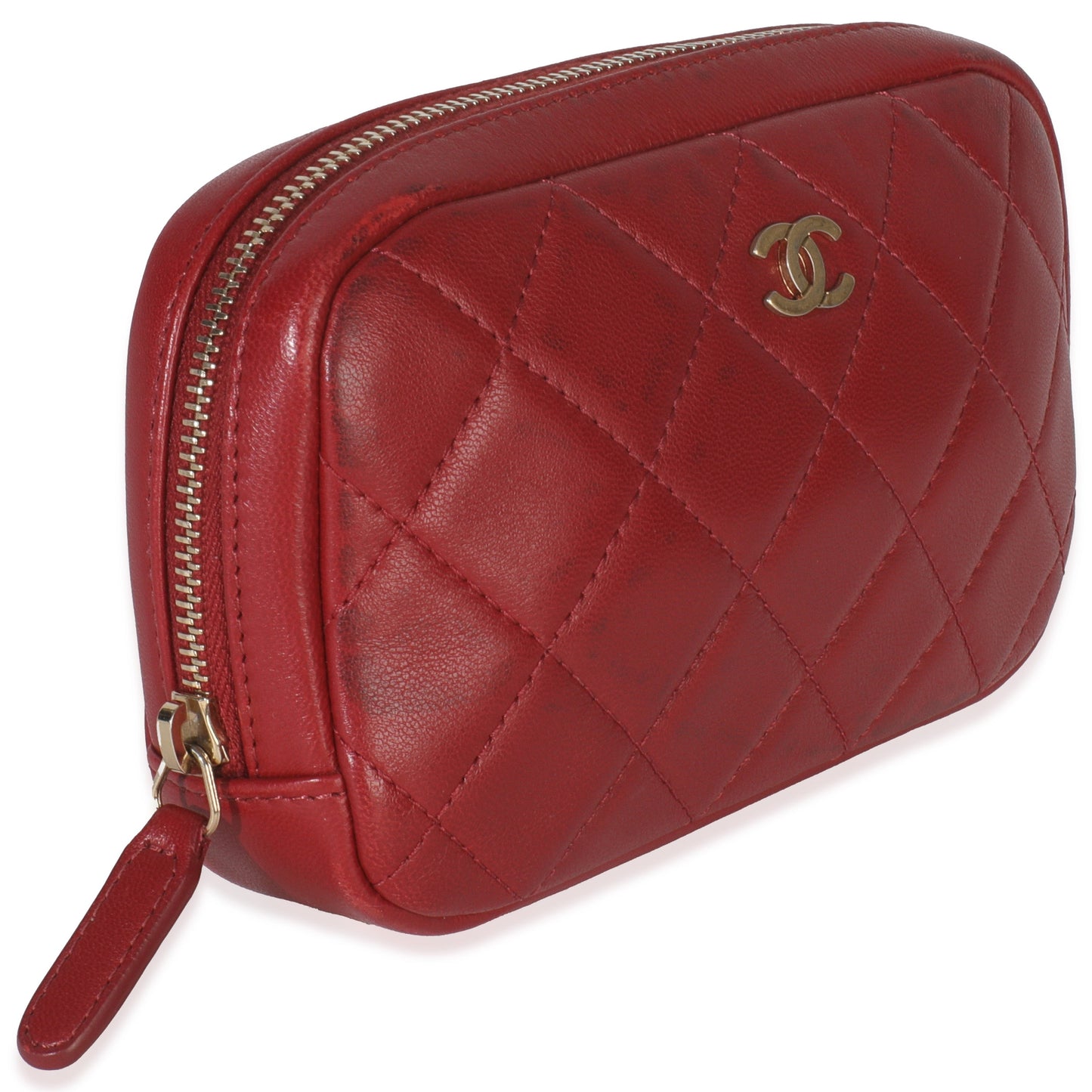 Chanel Red Quilted Lambskin CC Curvy Cosmetic Pouch
