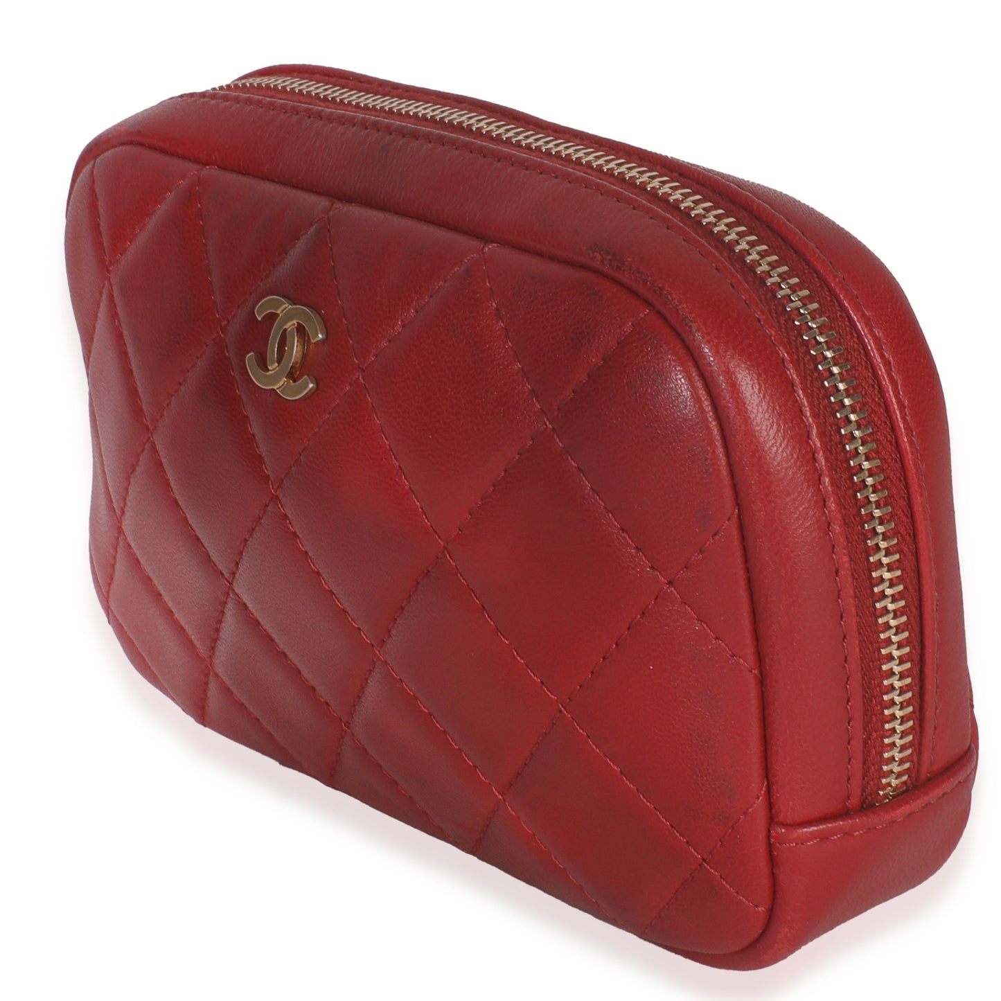 Chanel Red Quilted Lambskin CC Curvy Cosmetic Pouch