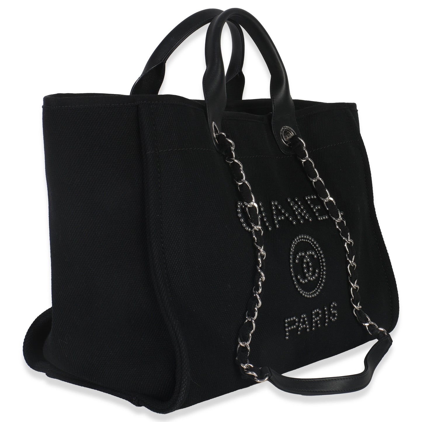 Chanel Black Canvas Pearl Medium Deauville Tote