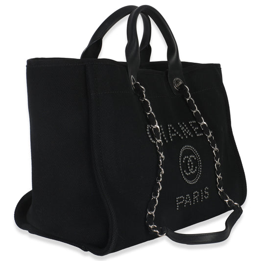 Chanel Black Canvas Pearl Medium Deauville Tote