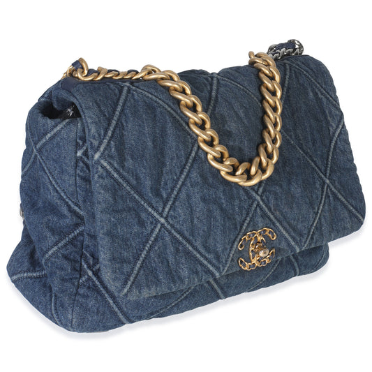 Chanel Dark Blue Quilted Denim Maxi Chanel 19 Flap Bag